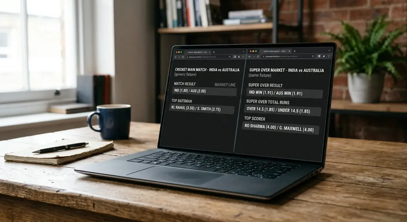 Two browser windows side by side on a laptop showing main match and super over cricket markets