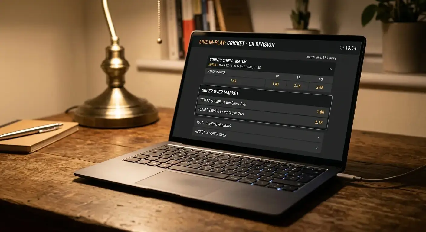 Laptop showing a dedicated super over market on a generic UK sportsbook interface