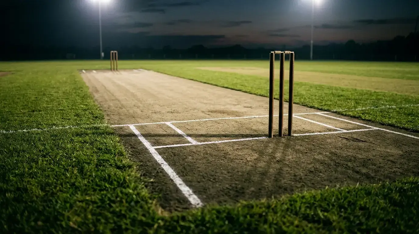 Cricket pitch with stumps and crease lines visible mid-super-over
