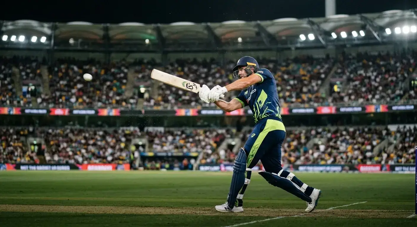 Batter taking an aggressive swing during a super over with the ball headed toward the boundary