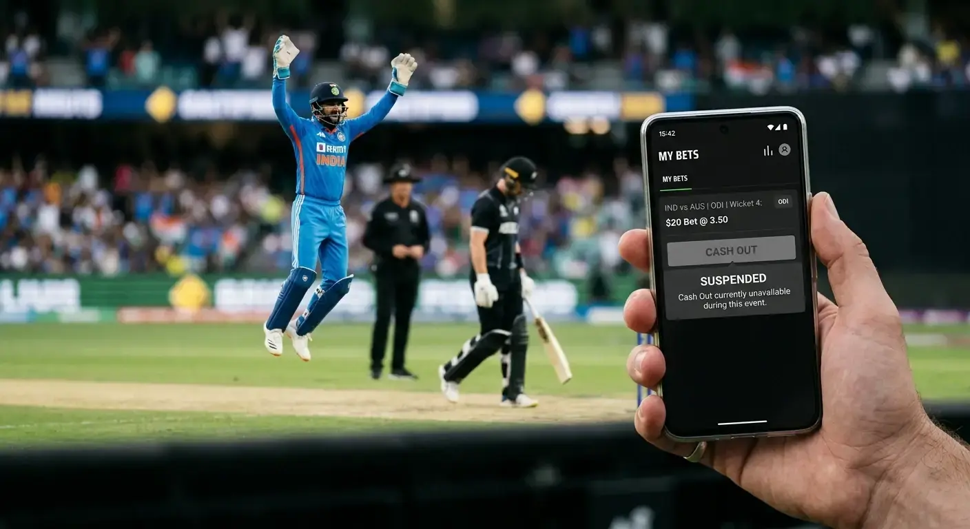 Wicketkeeper celebrating a wicket while a phone in the foreground shows a suspended bet status