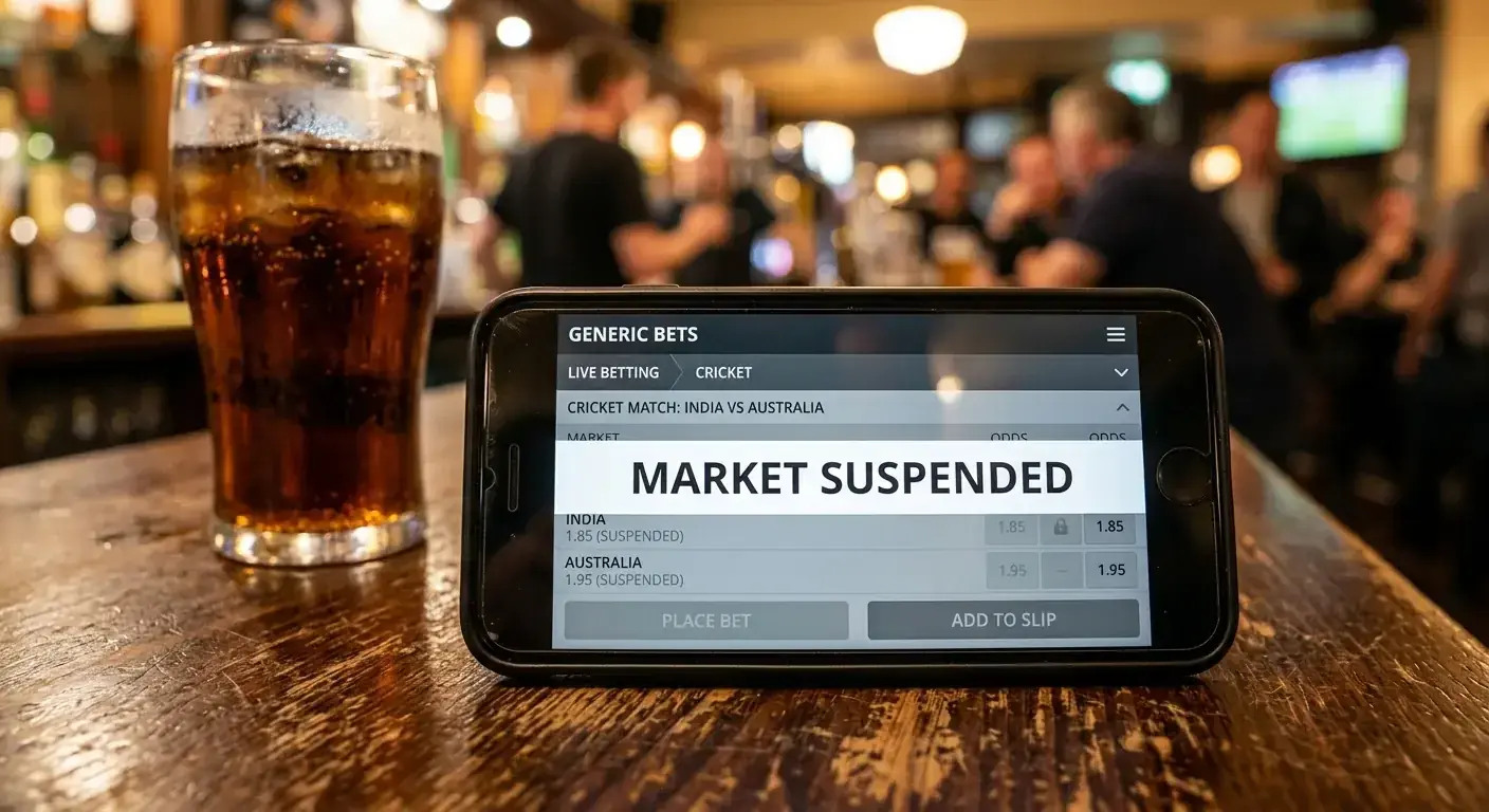 Cricket betting app displaying a suspended market notice between deliveries