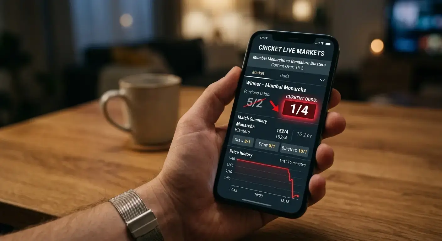 Cricket betting odds shortening sharply on a mobile betting screen