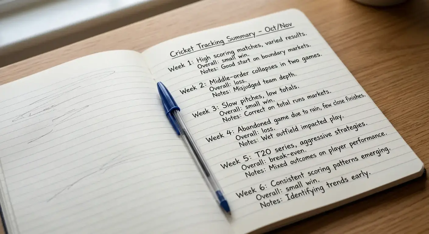 Notebook tracking systematic losses across an accumulator-heavy cricket betting season