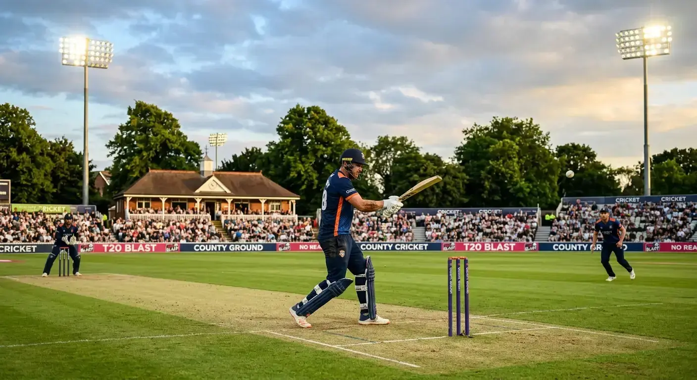T20 Blast style domestic cricket match under floodlights at an English county ground