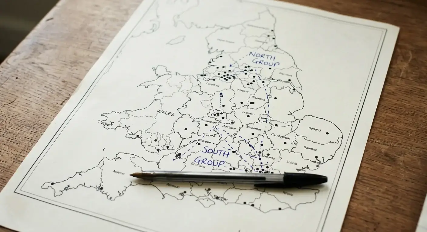 Map of England and Wales with handwritten T20 Blast group annotations on the regions