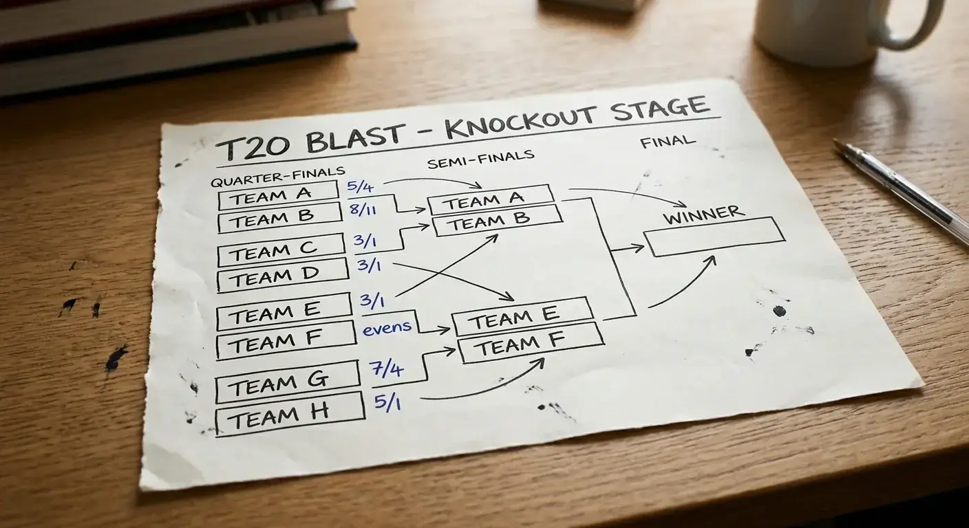 Printed knockout bracket for a domestic T20 tournament with handwritten odds annotations