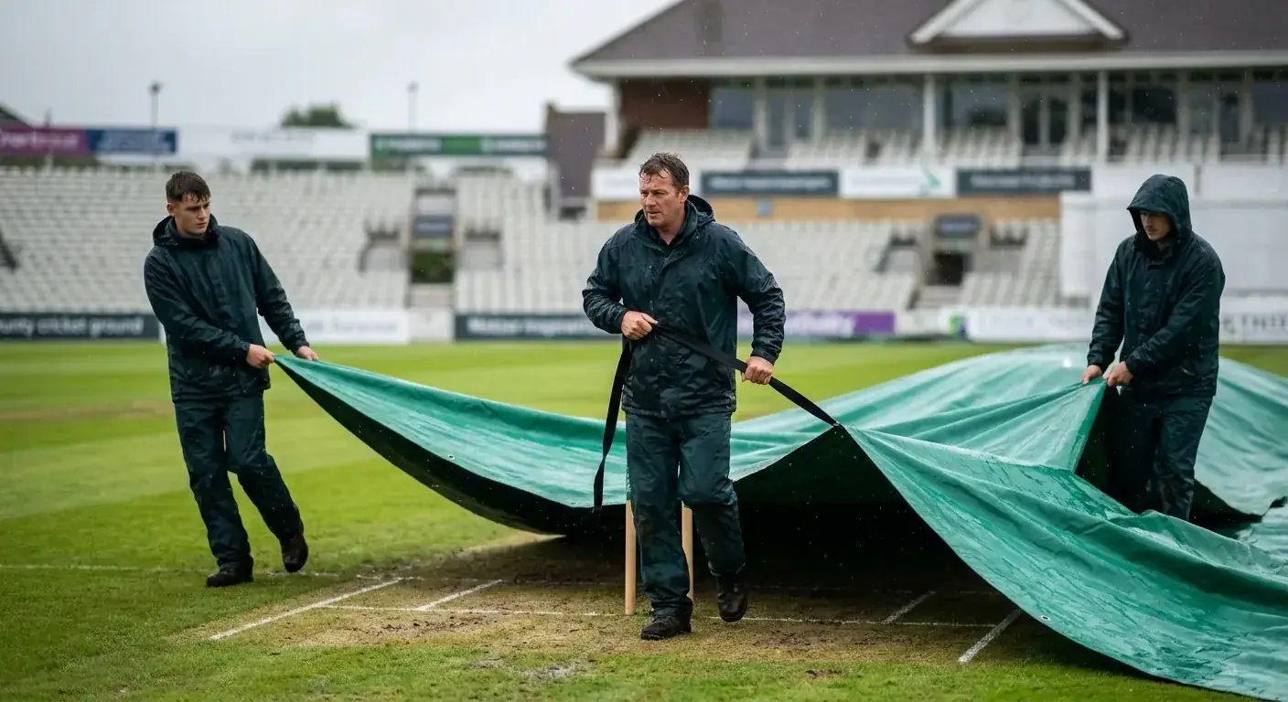 Ground staff pulling rain covers across a county cricket pitch as showers begin