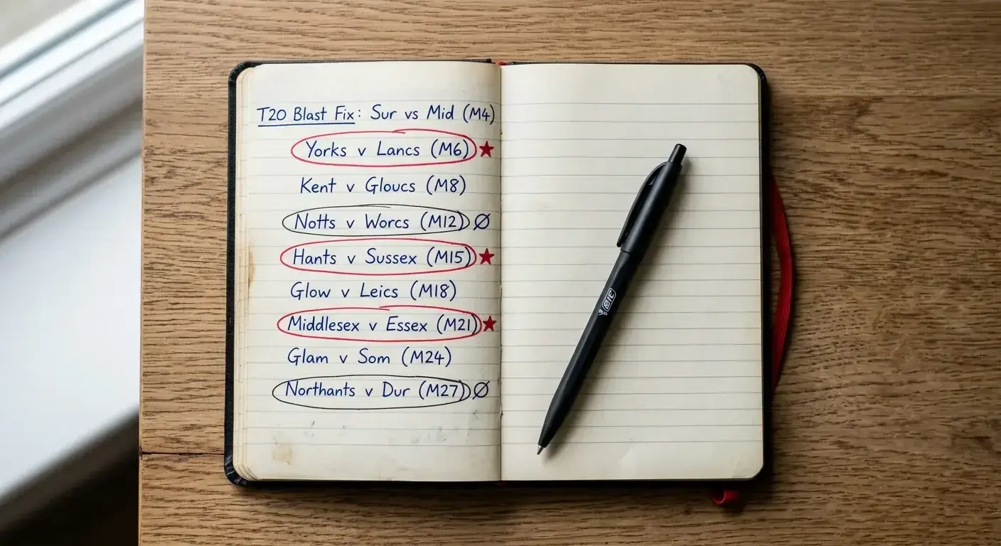 Cricket betting notebook with a shortlist of selective T20 Blast fixtures marked for the season