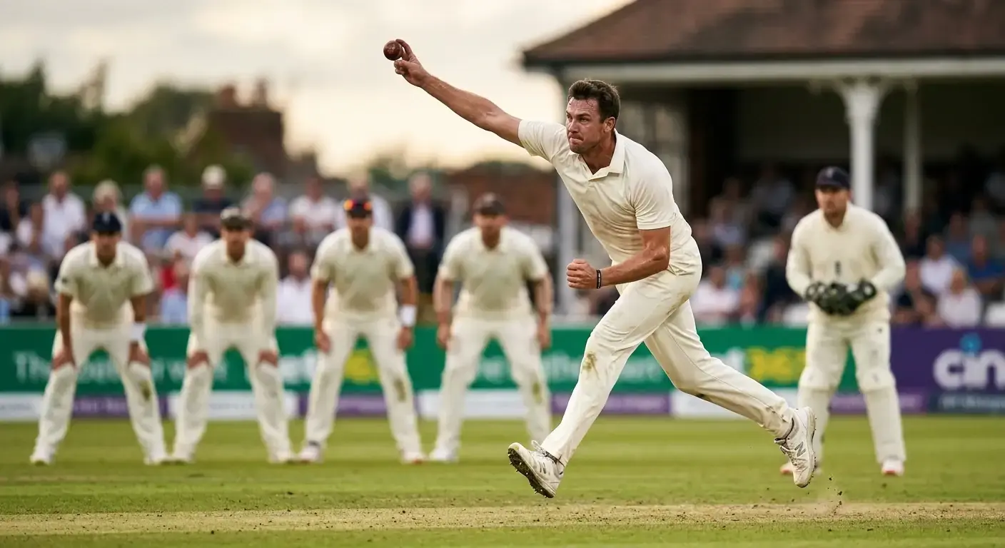 Fast bowler in his eighth over of a spell at delivery stride during a Test match