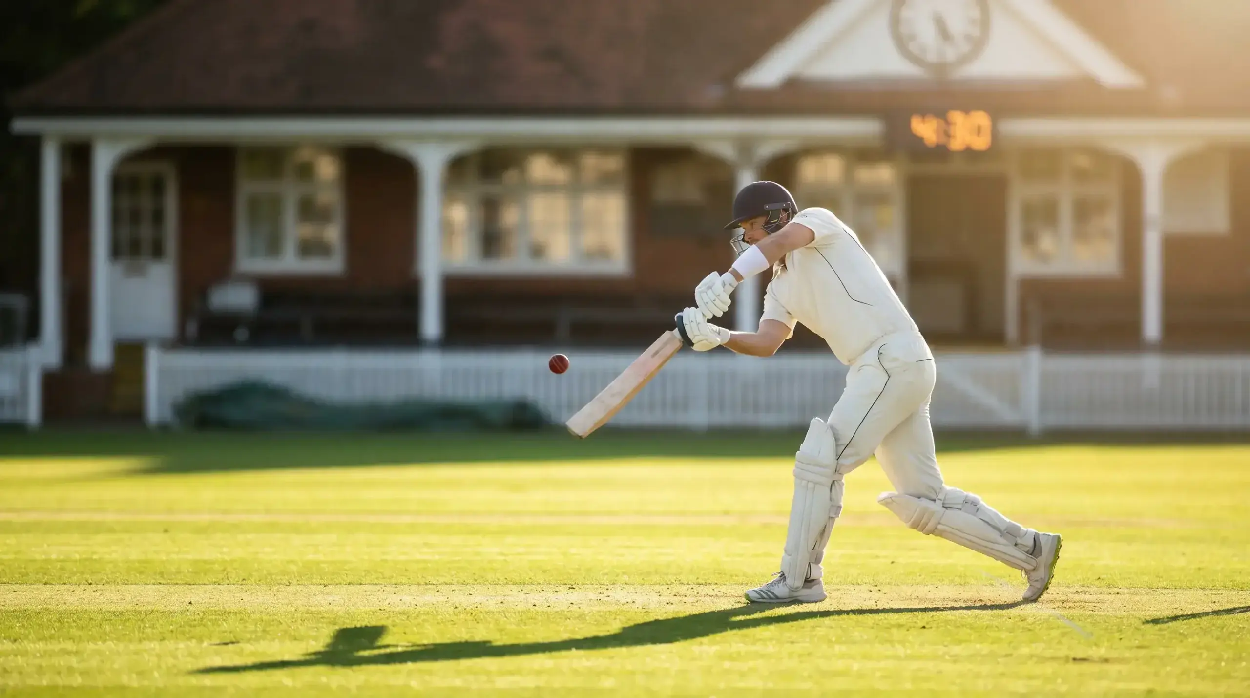 Male batter in white test kit playing a cover drive on a sunlit English cricket ground