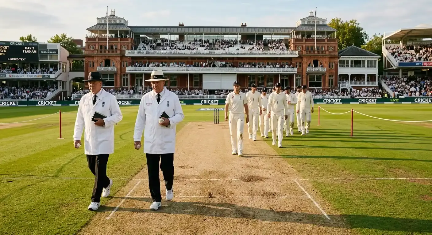 Test cricket ground at the start of day three with players walking onto a wearing pitch
