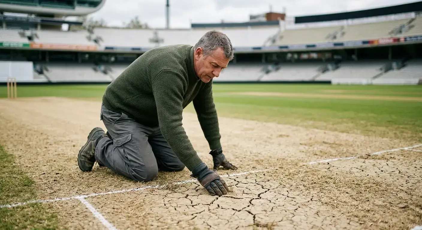 Pitch curator inspecting cracks and grass coverage on a Test cricket pitch before day one