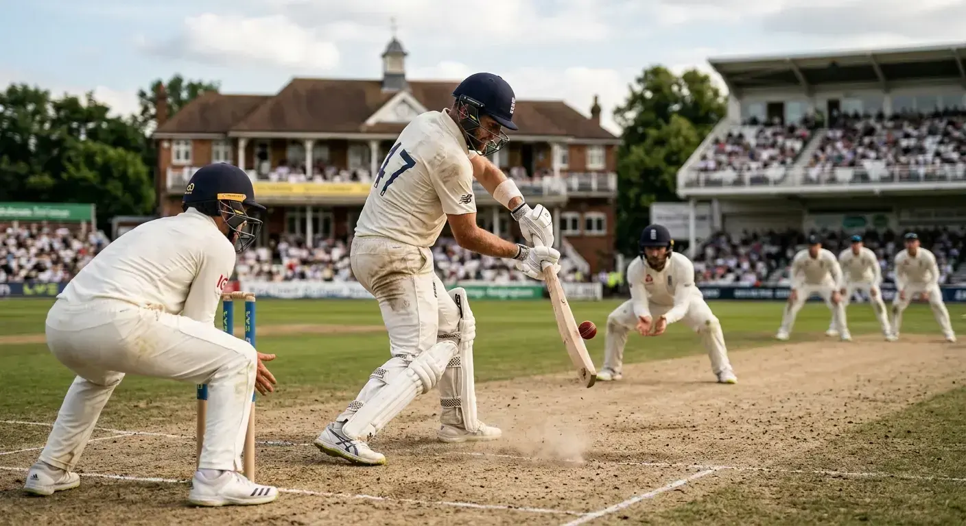 Test match batter blocking on a worn day-five pitch with close fielders crouched in attack