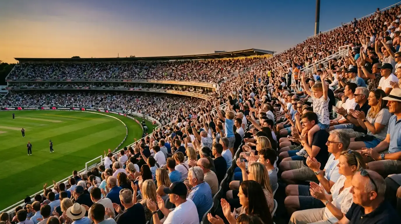 Crowd of cricket fans cheering at a summer evening Hundred match in the UK