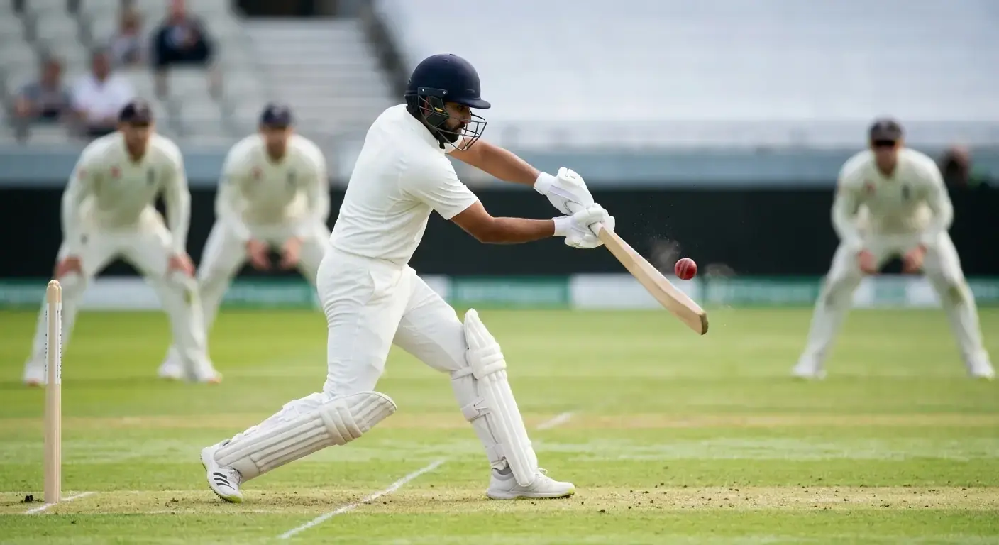 Cricket batter playing a drive shot on a green seaming Test pitch