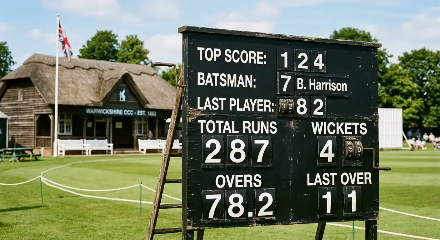 Cricket scoreboard with first-innings total runs displayed at an English county ground