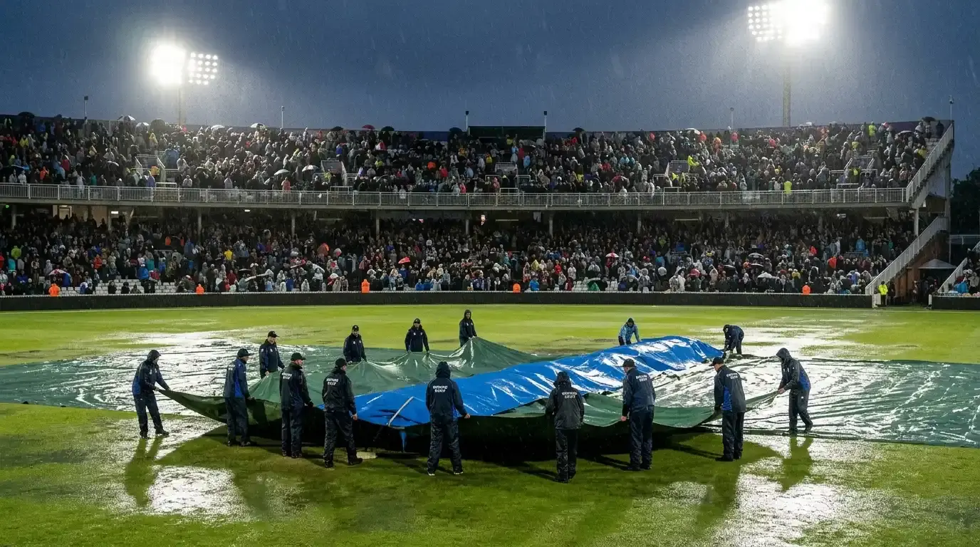 Rain delaying a cricket tournament final with covers across the pitch and floodlights on