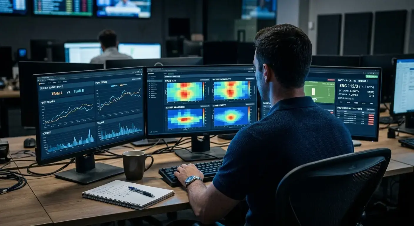 Sportsbook integrity trader monitoring cricket market patterns on multiple screens