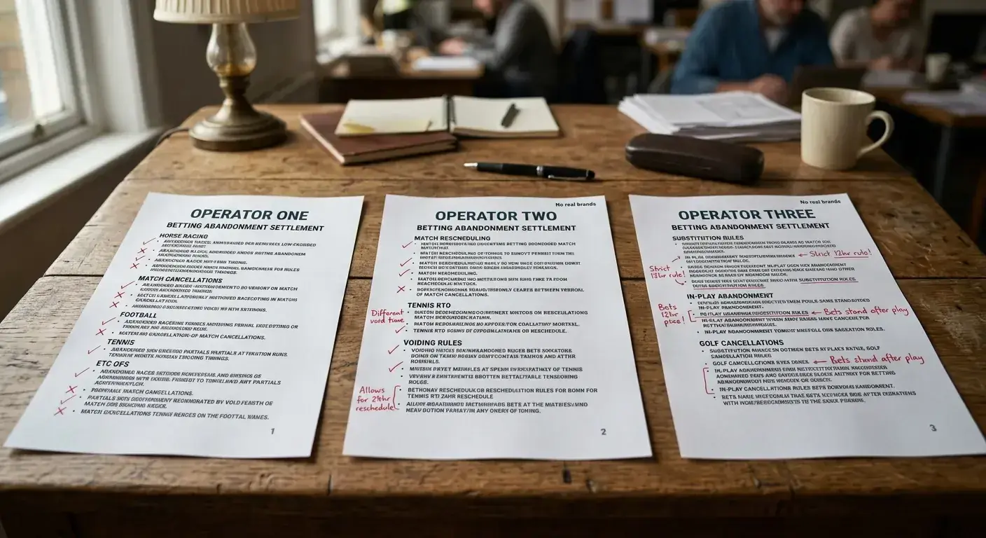 Printed pages comparing UK bookmaker abandonment settlement rules on a desk