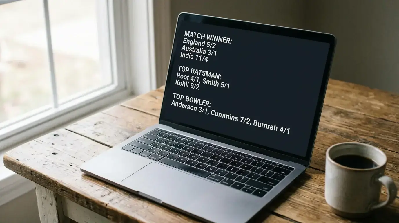 UK cricket betting coupon displayed on a laptop showing match winner and top batsman markets