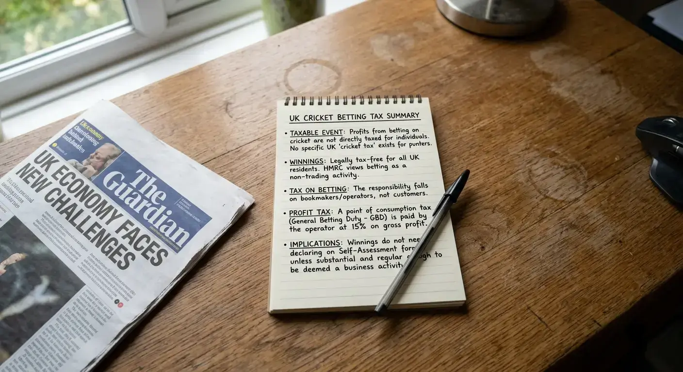 Summary notes on a notepad concluding how UK cricket betting tax works for the punter