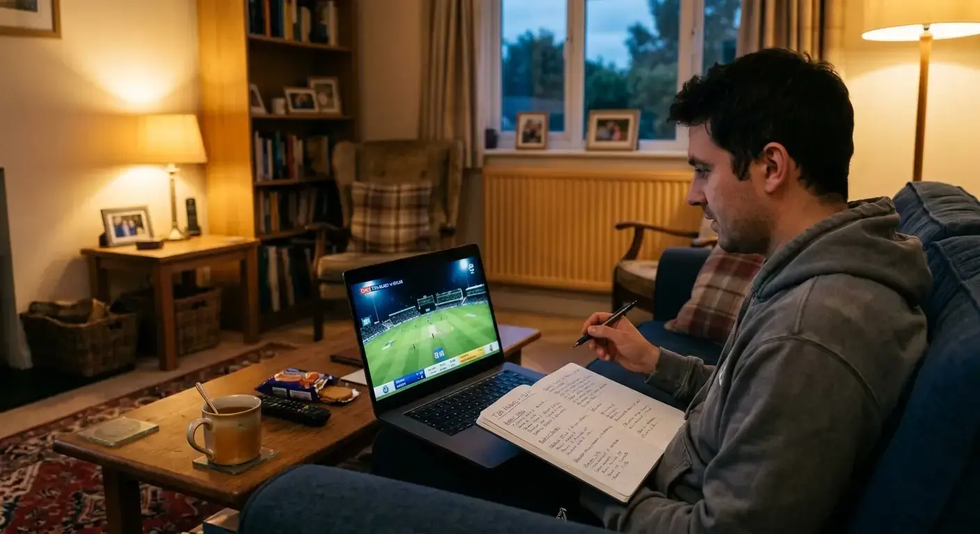 Quiet UK living room with a laptop streaming cricket beside a notebook of betting notes