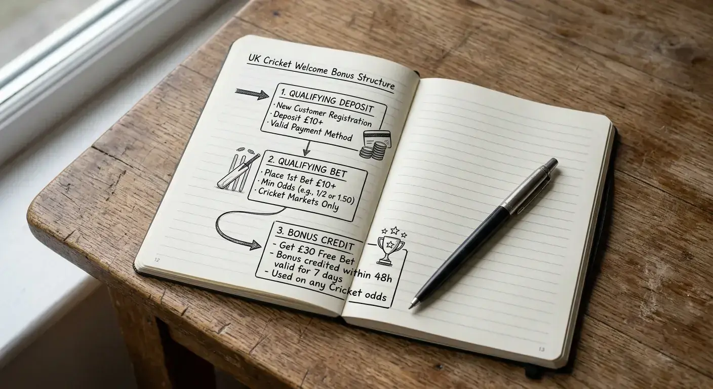 Notebook diagram explaining the basic structure of a UK cricket sportsbook welcome bonus