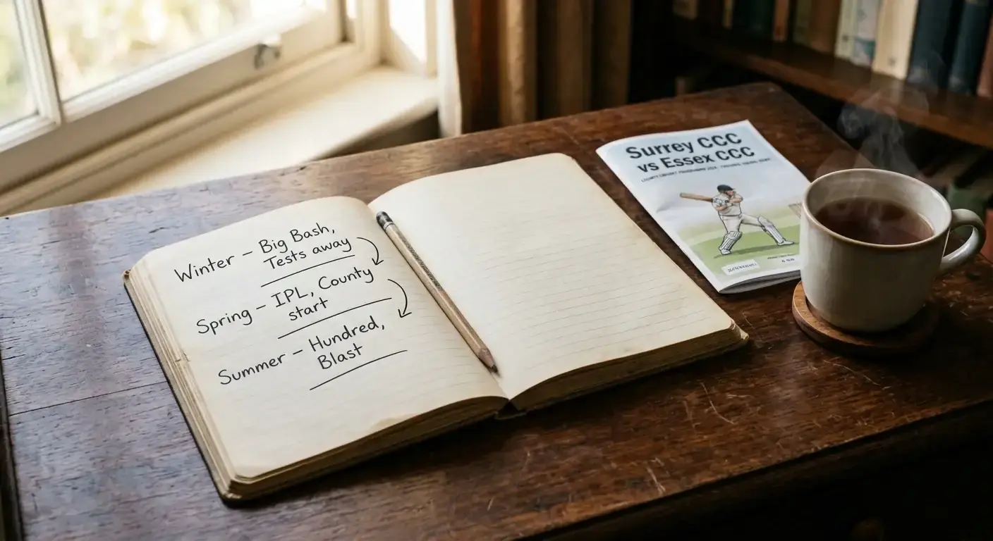 Open notebook with cricket season planning notes on an editor's desk
