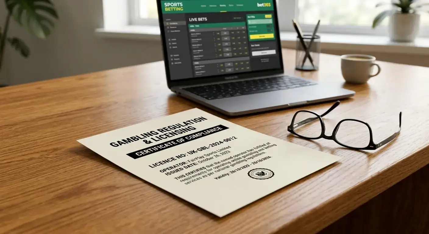 Printed UK gambling regulatory document on a desk beside a laptop showing a betting site interface
