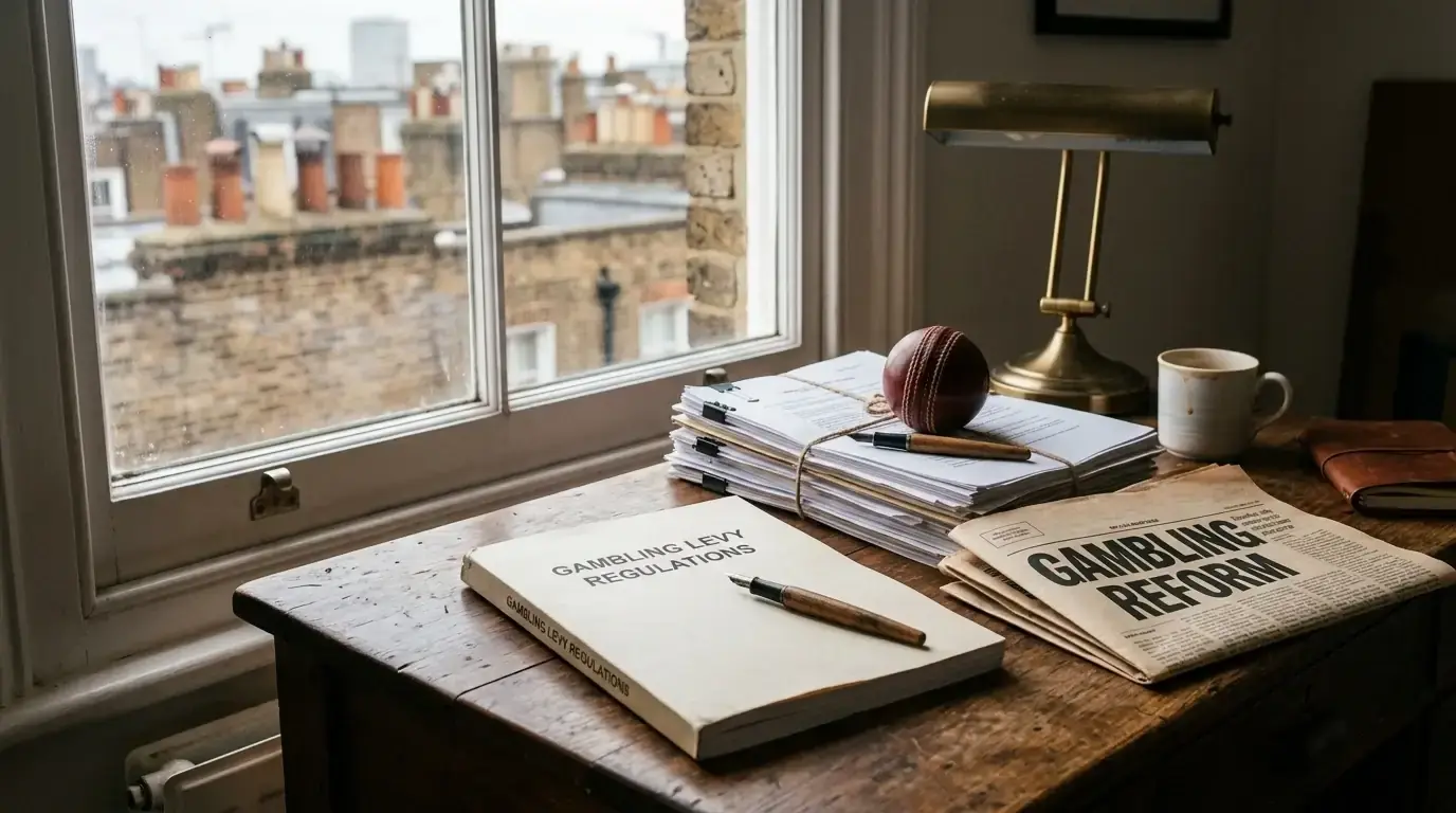 UK gambling regulation document beside a cricket bat on an editor