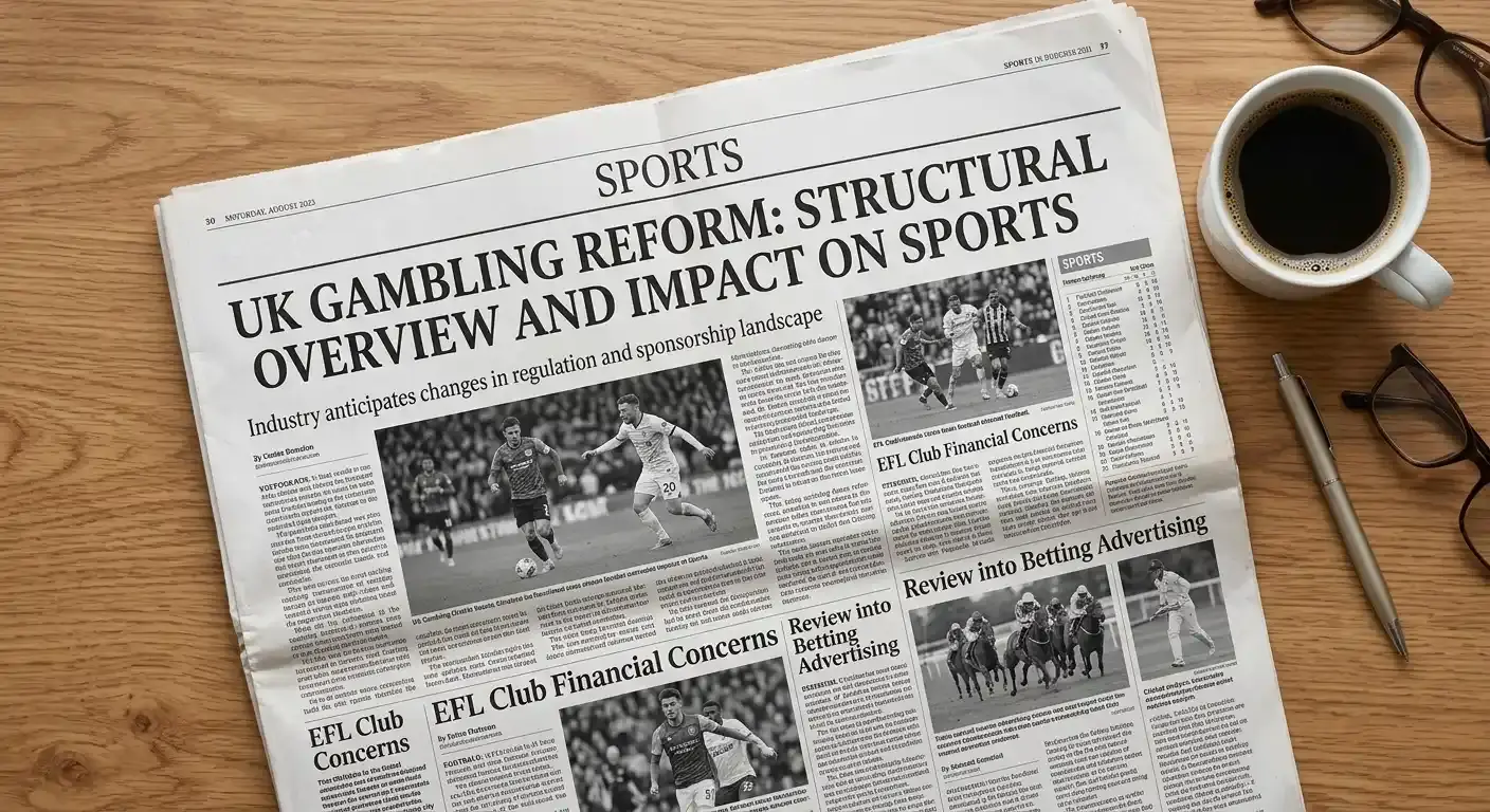 UK newspaper sports page on a wooden desk discussing safer gambling reform