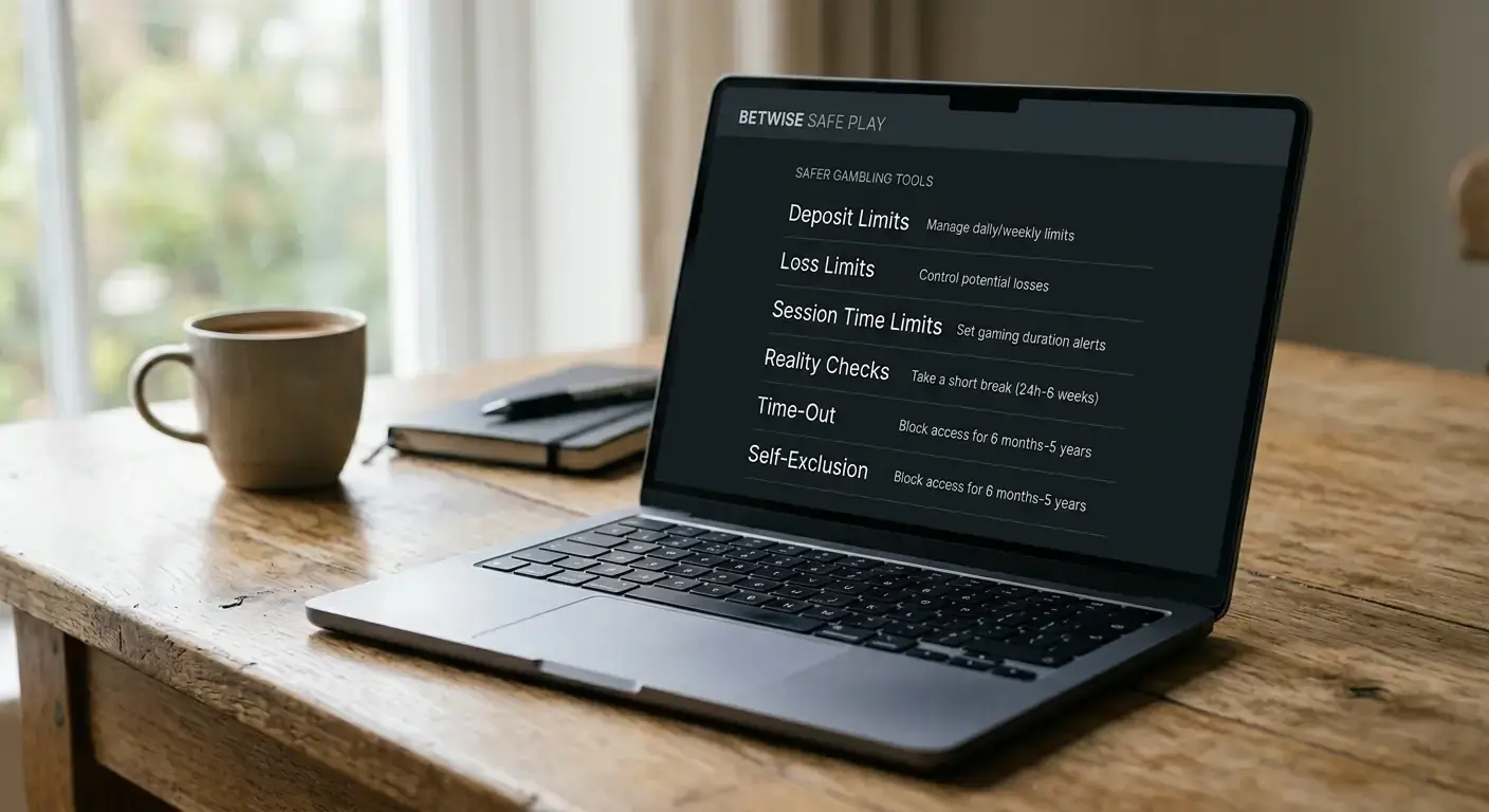 Laptop overview of the standard UK responsible gambling toolkit on a sportsbook interface