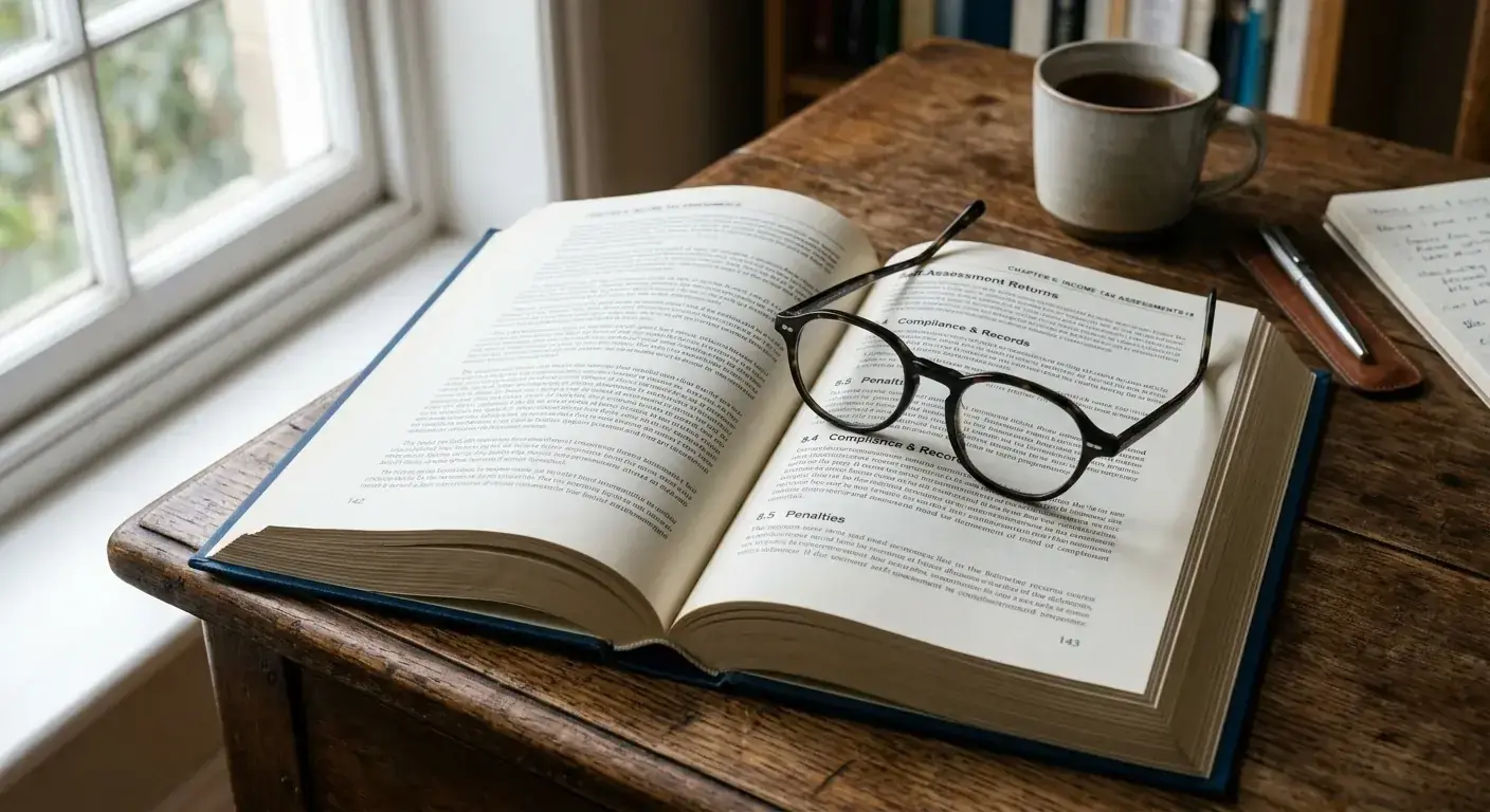 Plain bound tax manual open on a desk with reading glasses resting on the page