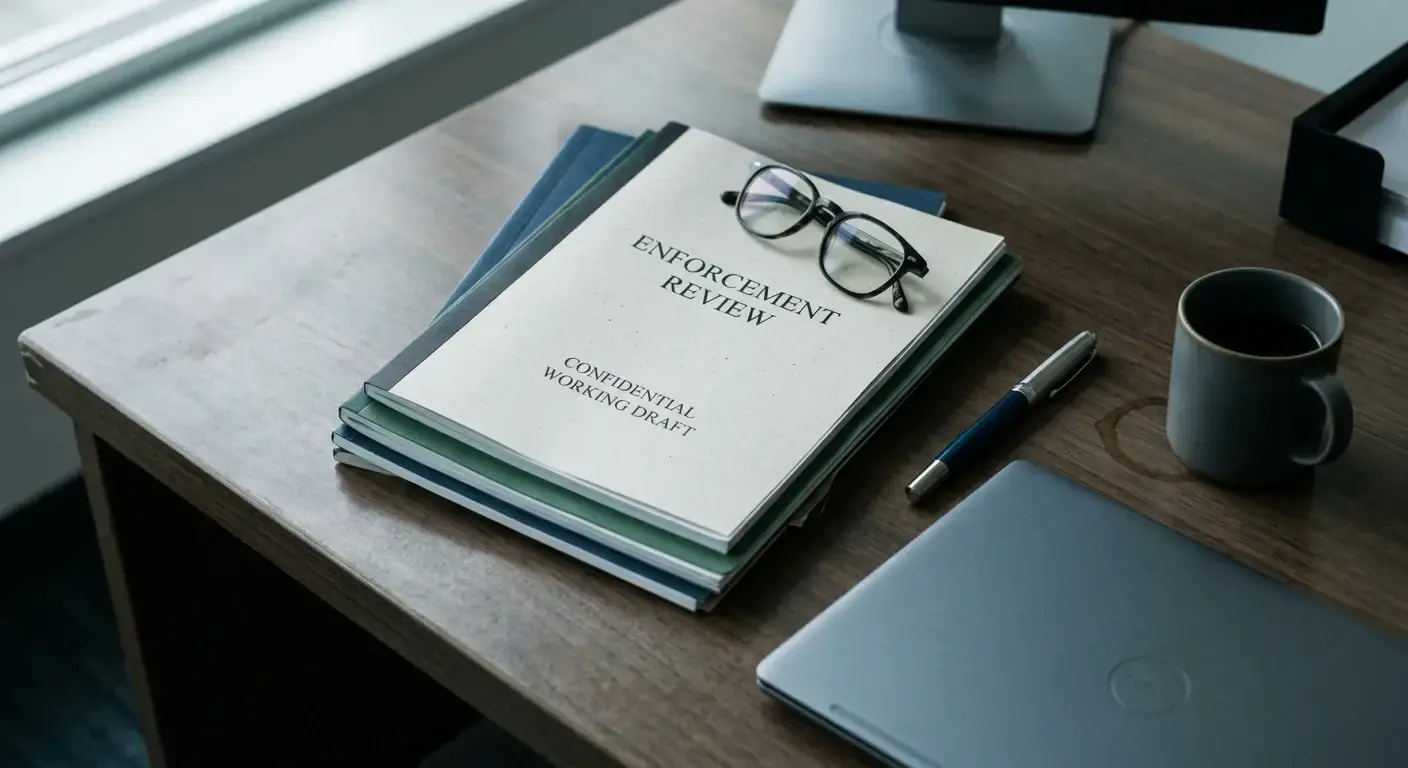 Compliance officer reviewing enforcement notices in a regulator office