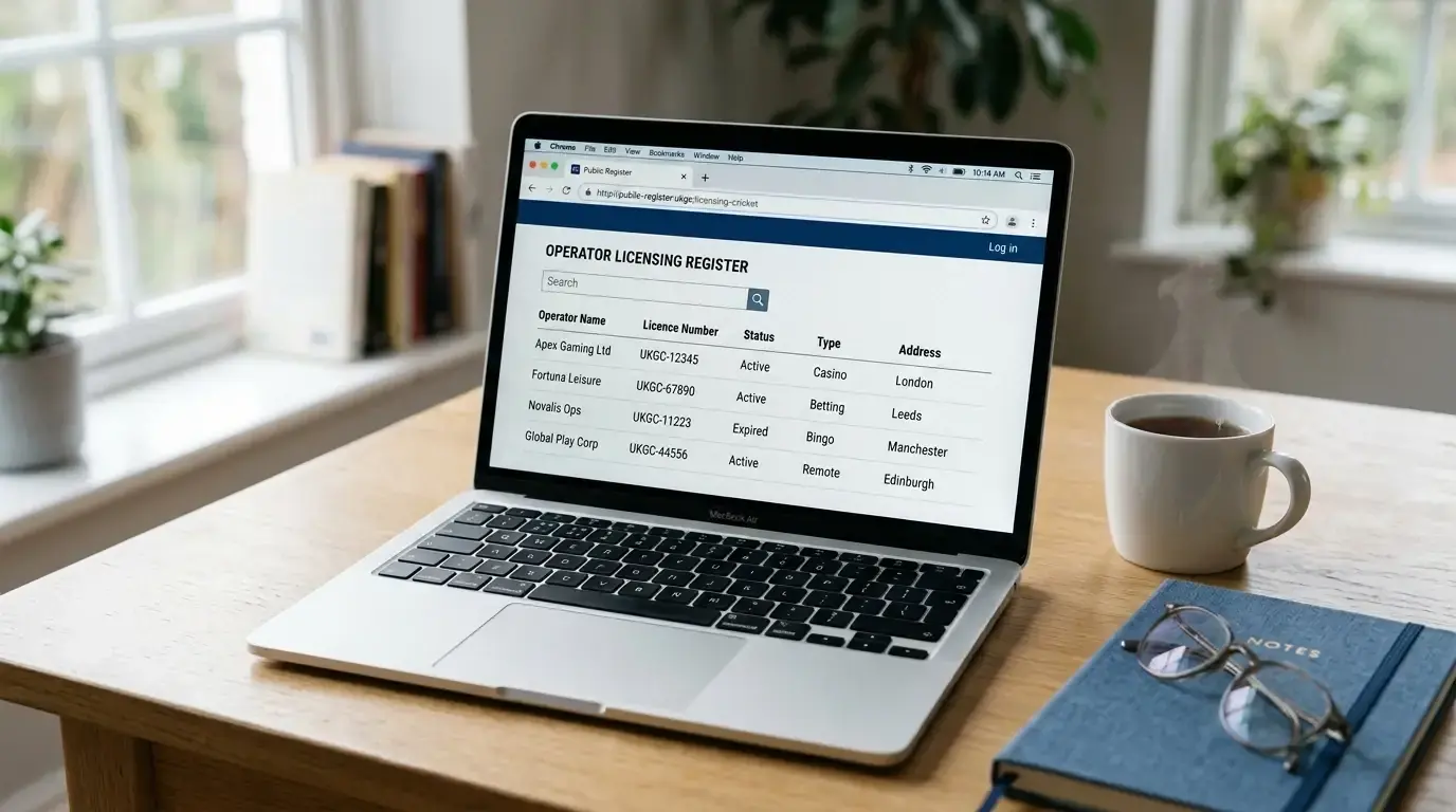 UK Gambling Commission public register webpage open on a laptop screen
