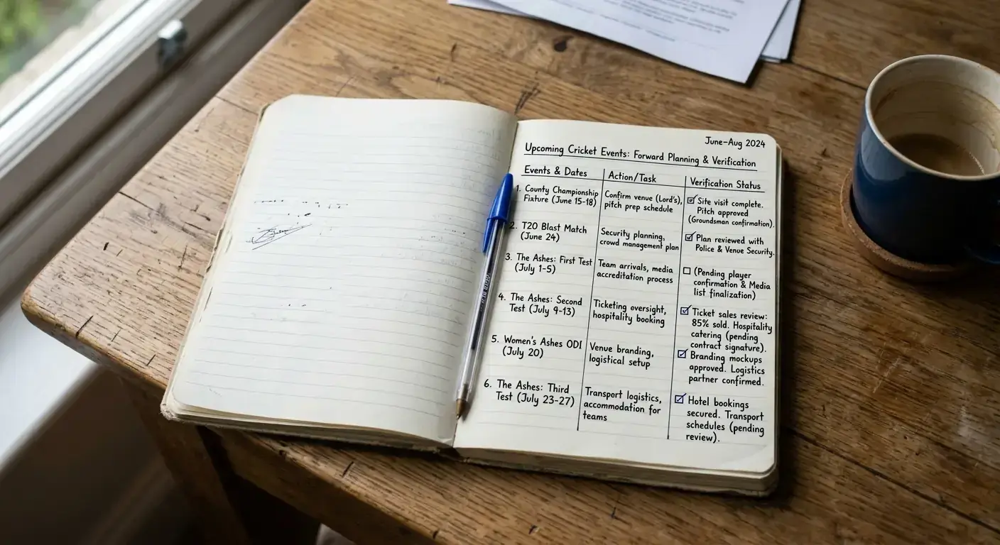 Notebook with a forward plan for completing verification before major cricket events