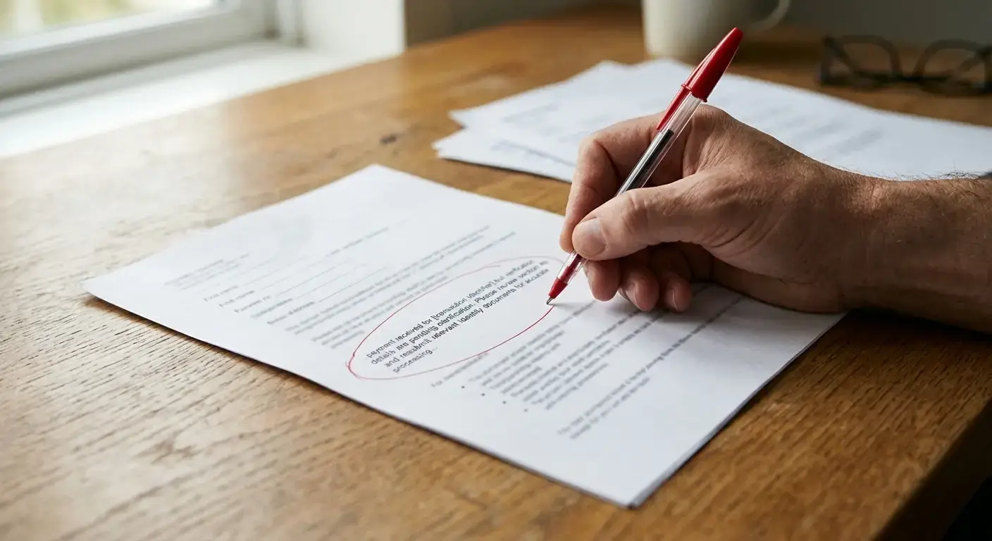 Hand reviewing a verification document with a red pen circling a problem area