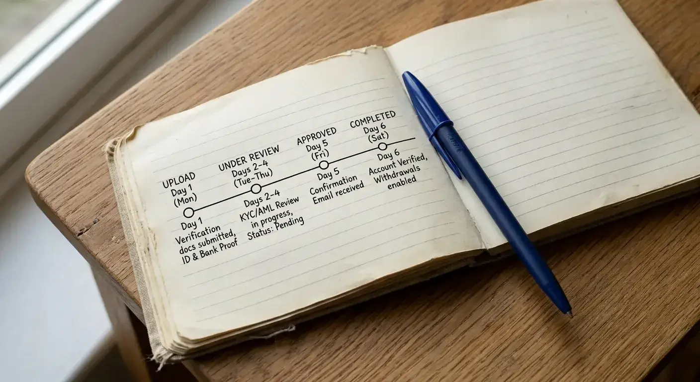 Notebook page with a verification timeline mapping days from upload to account approval