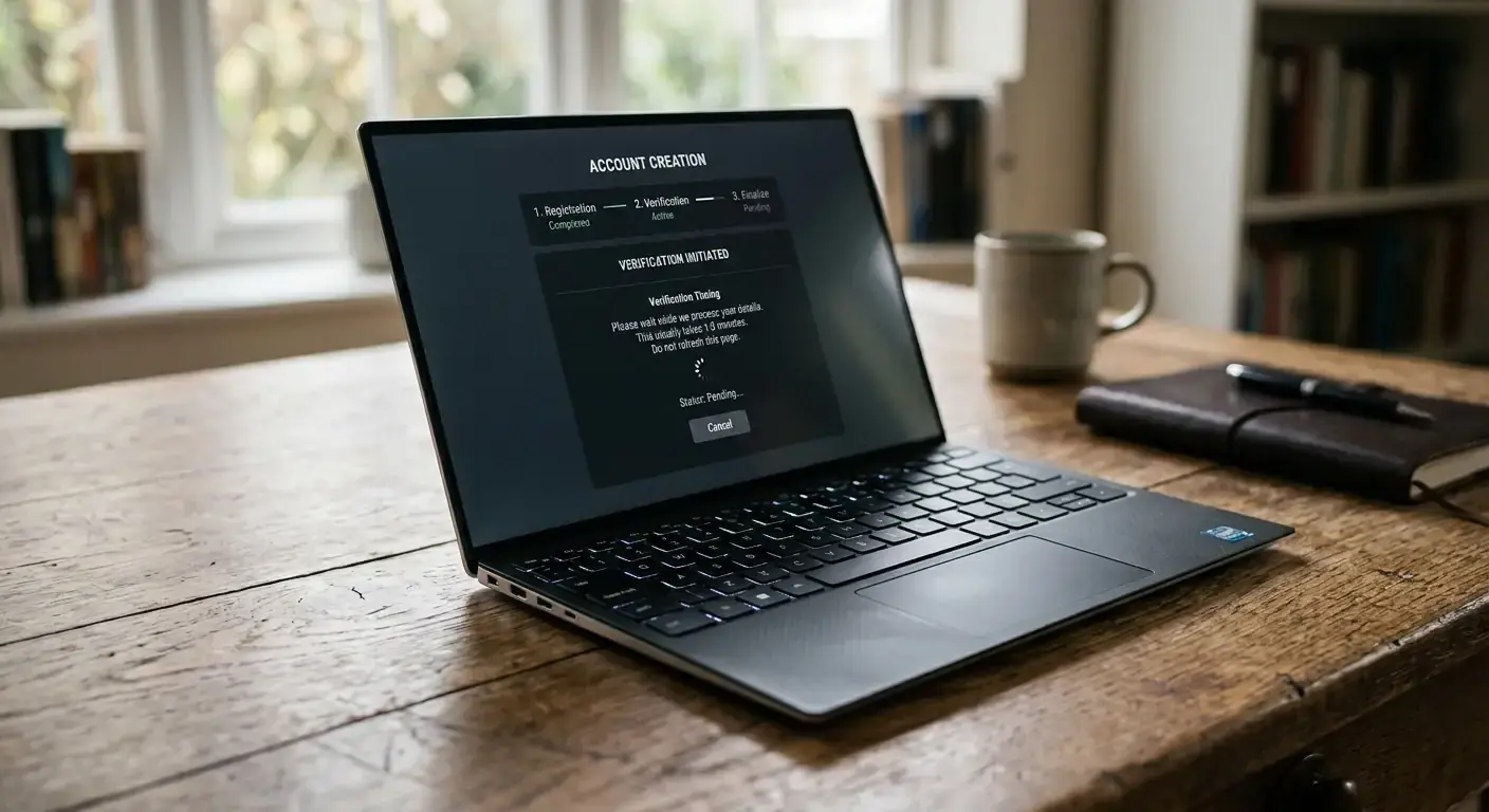 Generic account creation page on a UK sportsbook style laptop interface with verification step visible