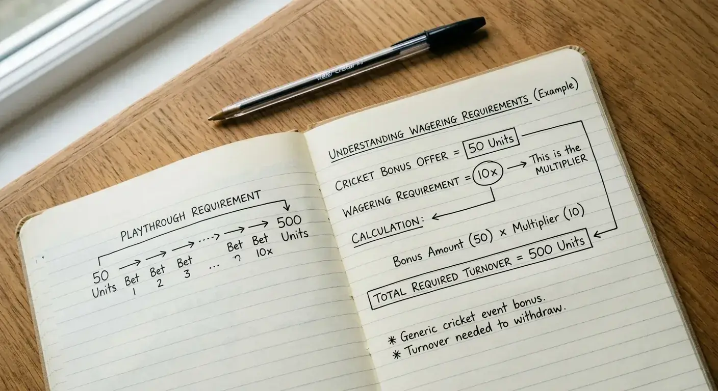 Handwritten worked example showing how wagering requirements multiply effective bonus turnover