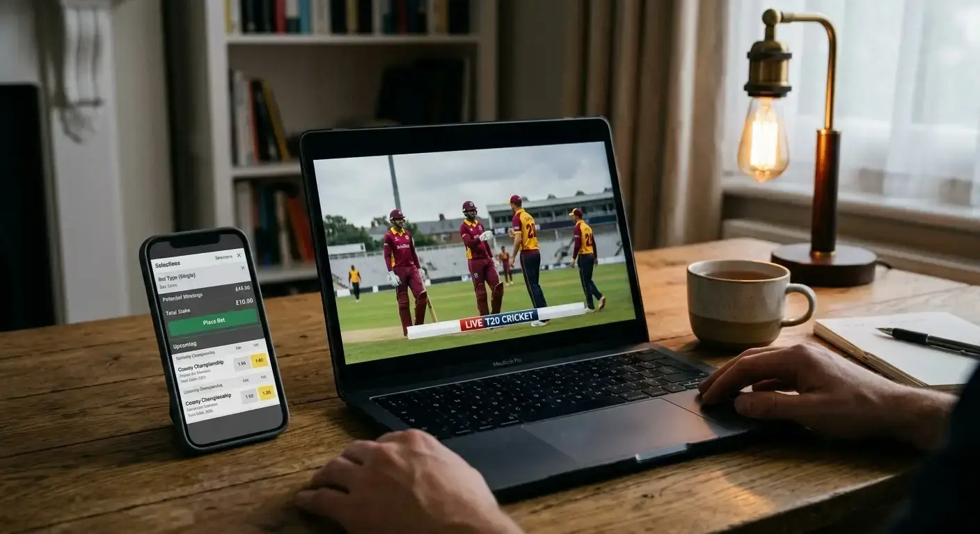 Phone and laptop on a desk showing a cricket stream and a bet slip for watch-and-bet eligibility