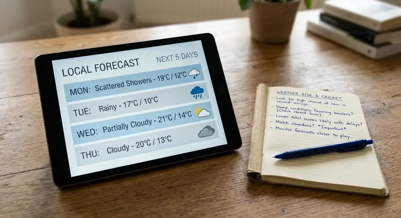 Weather forecast on a tablet beside a notebook of cricket betting weather risk notes