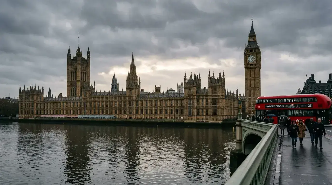 Houses of Parliament at Westminster on a grey London afternoon