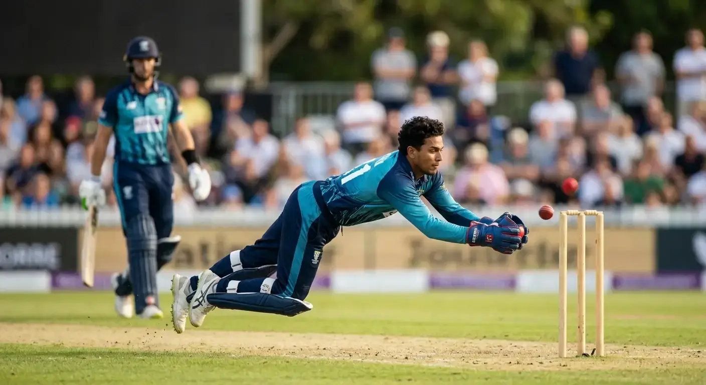 Wicketkeeper taking a catch behind the stumps in a wicket-handicap-relevant moment