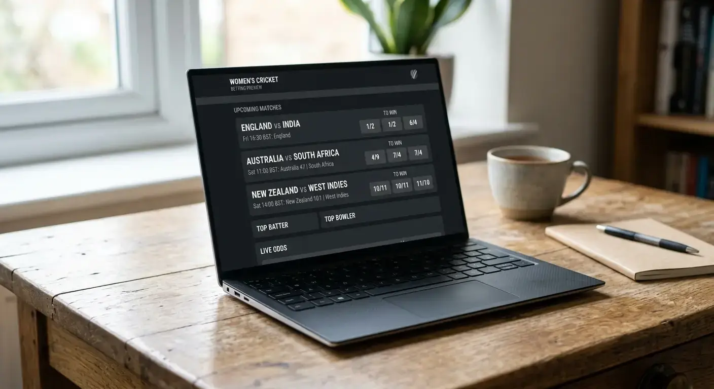 Laptop displaying a generic women's cricket fixture coupon at a UK sportsbook