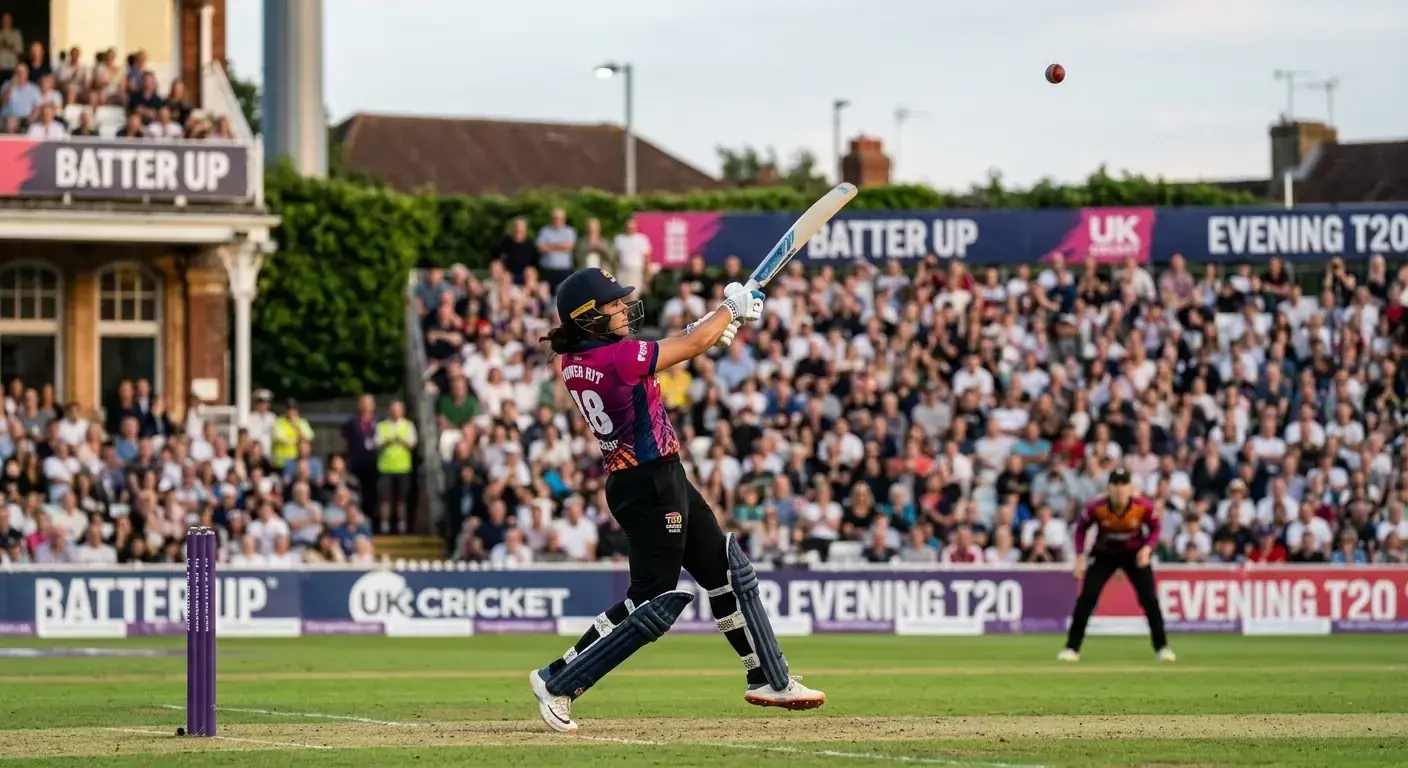 Female cricketer in coloured T20 kit launching a six over long-on at a packed English ground