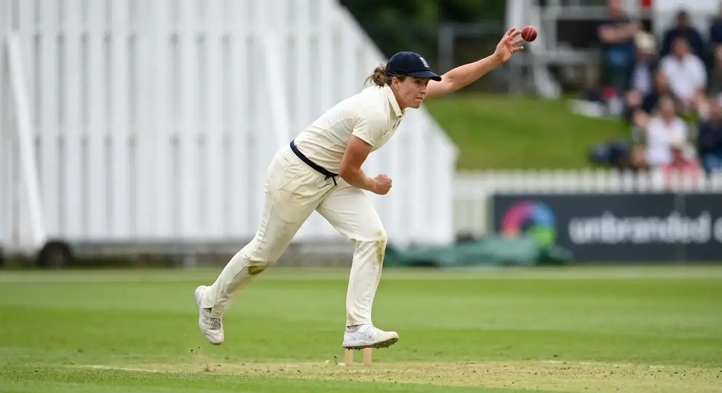 Female bowler at delivery stride during a Women's Ashes Test match