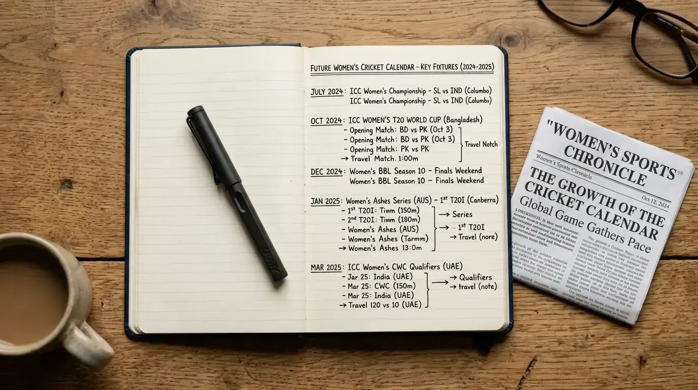Notebook with forward-looking betting observations about the women's cricket calendar