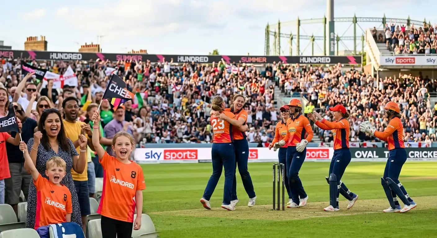 Crowd celebrating a wicket during a Women's Hundred match at a sunlit English ground